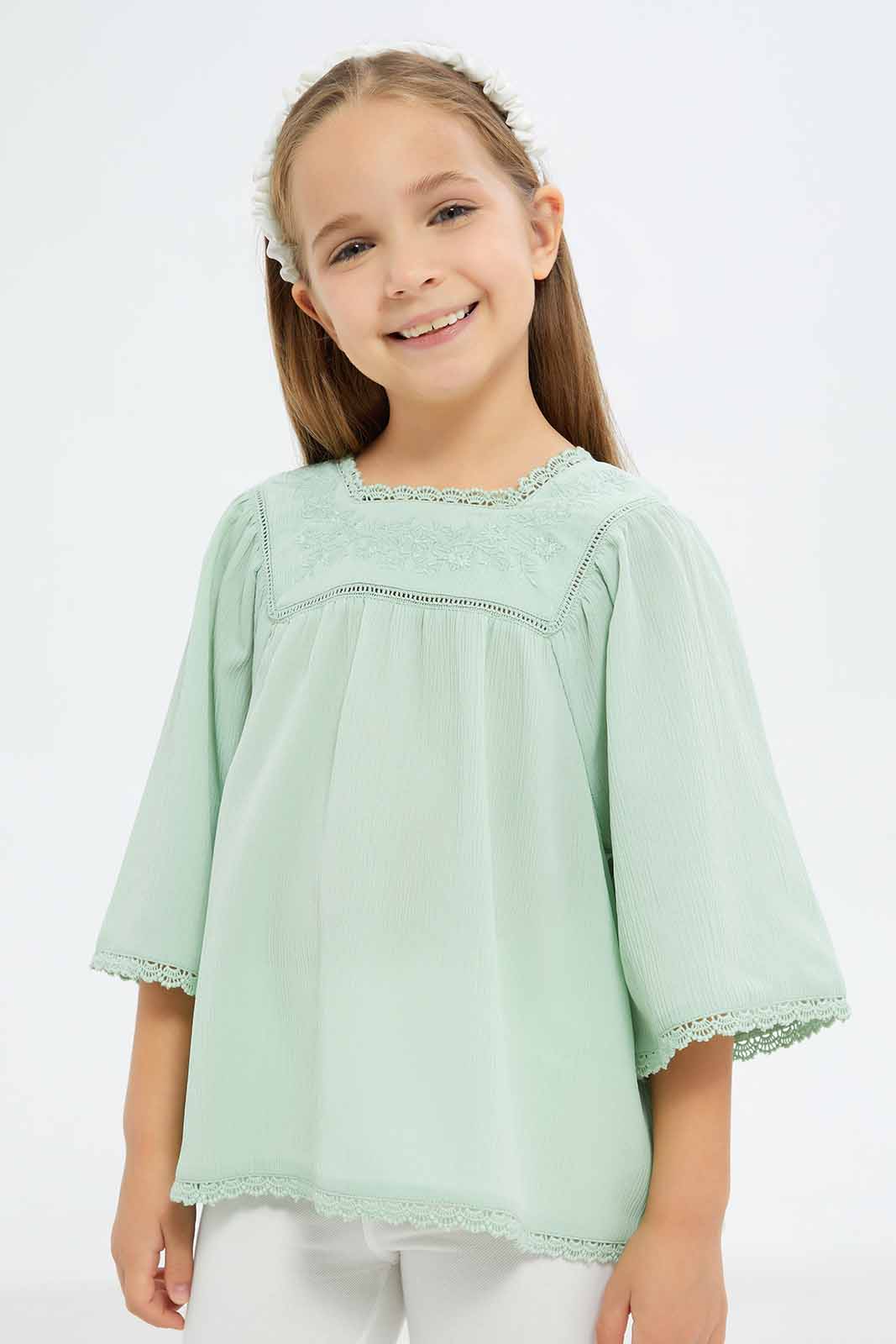 Redtag-Girls-Poly-Crepe-Blouse-With-Enb-And-Lace---Sage-Category:Blouses,-Colour:Green,-Deals:New-In,-Dept:Girls,-Filter:Girls-(2-to-8-Yrs),-GIR-Blouses,-New-In-GIR-APL,-Non-Sale,-S23A,-Section:Girls-(0-to-14Yrs)-Girls-2 to 8 Years