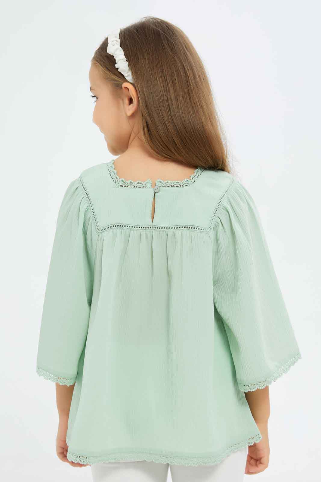 Redtag-Girls-Poly-Crepe-Blouse-With-Enb-And-Lace---Sage-Category:Blouses,-Colour:Green,-Deals:New-In,-Dept:Girls,-Filter:Girls-(2-to-8-Yrs),-GIR-Blouses,-New-In-GIR-APL,-Non-Sale,-S23A,-Section:Girls-(0-to-14Yrs)-Girls-2 to 8 Years