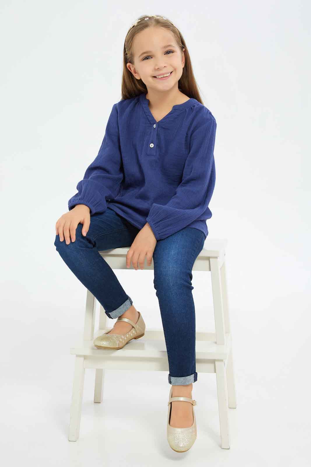 Redtag-Girls-Double-Gauze-L/S-Blouse---Navy-Category:Blouses,-Colour:Navy,-Deals:New-In,-Dept:Girls,-Filter:Girls-(2-to-8-Yrs),-GIR-Blouses,-New-In-GIR-APL,-Non-Sale,-S23A,-Section:Girls-(0-to-14Yrs)-Girls-2 to 8 Years