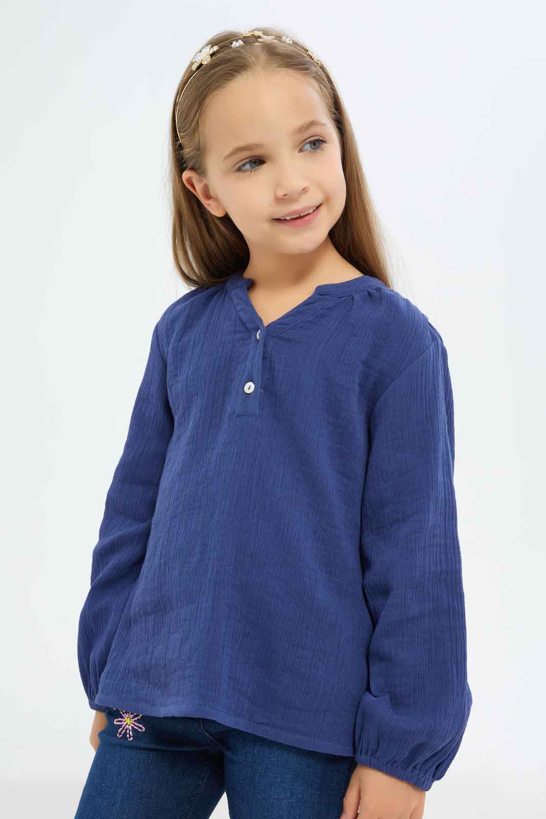 Redtag-Girls-Double-Gauze-L/S-Blouse---Navy-Category:Blouses,-Colour:Navy,-Deals:New-In,-Dept:Girls,-Filter:Girls-(2-to-8-Yrs),-GIR-Blouses,-New-In-GIR-APL,-Non-Sale,-S23A,-Section:Girls-(0-to-14Yrs)-Girls-2 to 8 Years