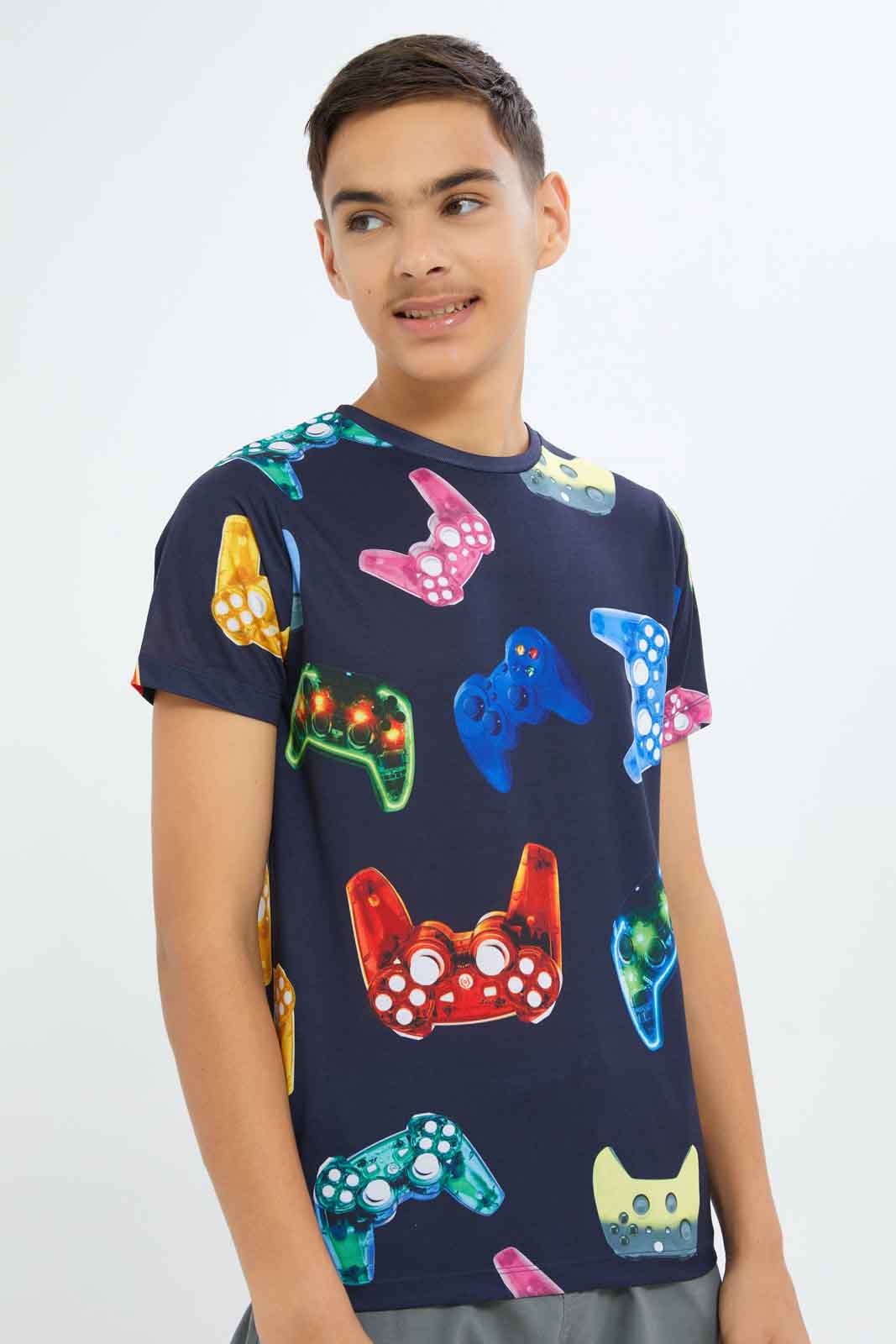 Redtag-Boys-Navy-Gaming-Aop-Tee-BSR-T-Shirts,-Category:T-Shirts,-Colour:Navy,-Deals:New-In,-Filter:Senior-Boys-(8-to-14-Yrs),-New-In-BSR-APL,-Non-Sale,-S23B,-Section:Boys-(0-to-14Yrs)-Senior-Boys-9 to 14 Years