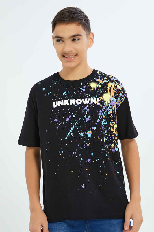 Redtag-Boys-Black-Oversize-Splatter-Print-Tee-BSR-T-Shirts,-Category:T-Shirts,-Colour:Black,-Deals:New-In,-Filter:Senior-Boys-(8-to-14-Yrs),-New-In-BSR-APL,-Non-Sale,-S23B,-Section:Boys-(0-to-14Yrs)-Senior-Boys-9 to 14 Years