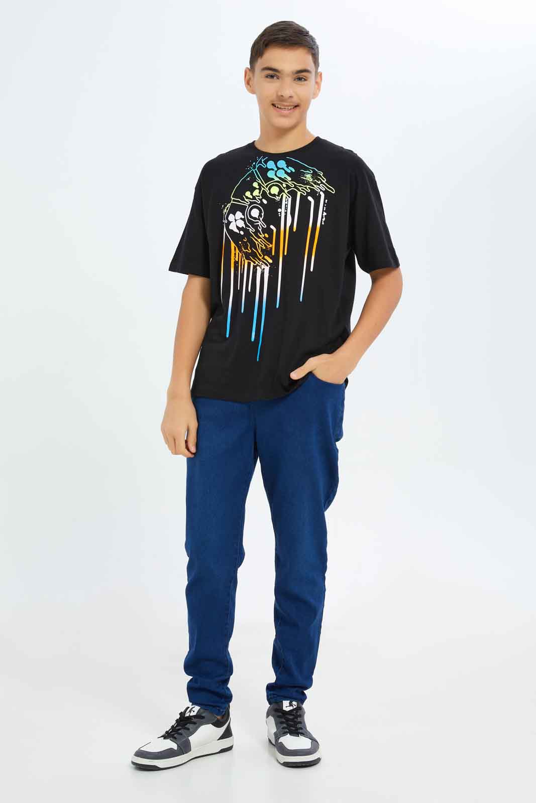 Redtag-Boys-Black-Oversize-Gaming-With-Gel-Tee-BSR-T-Shirts,-Category:T-Shirts,-Colour:Black,-Deals:New-In,-Filter:Senior-Boys-(8-to-14-Yrs),-New-In-BSR-APL,-Non-Sale,-S23B,-Section:Boys-(0-to-14Yrs)-Senior-Boys-9 to 14 Years