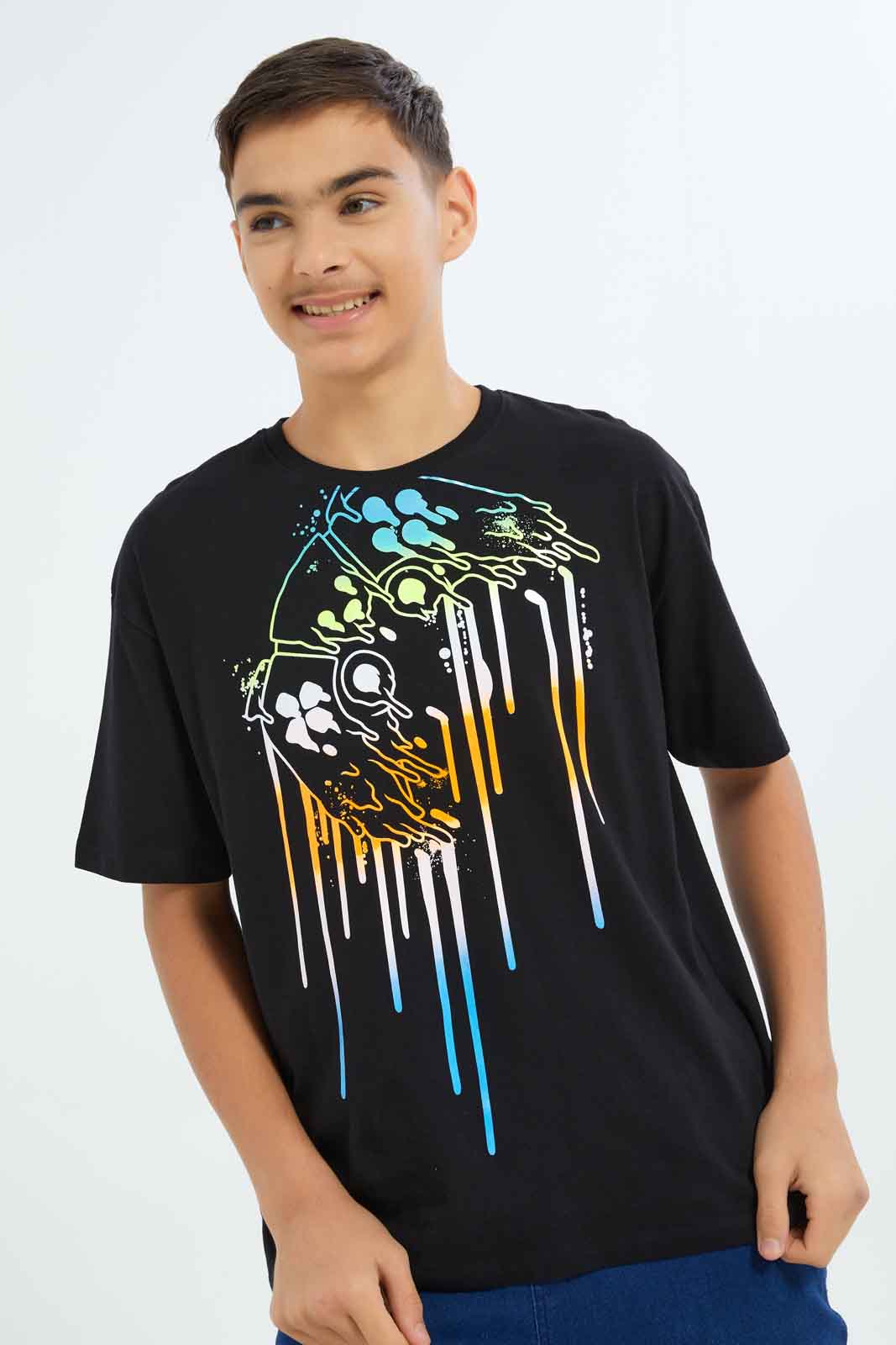 Redtag-Boys-Black-Oversize-Gaming-With-Gel-Tee-BSR-T-Shirts,-Category:T-Shirts,-Colour:Black,-Deals:New-In,-Filter:Senior-Boys-(8-to-14-Yrs),-New-In-BSR-APL,-Non-Sale,-S23B,-Section:Boys-(0-to-14Yrs)-Senior-Boys-9 to 14 Years