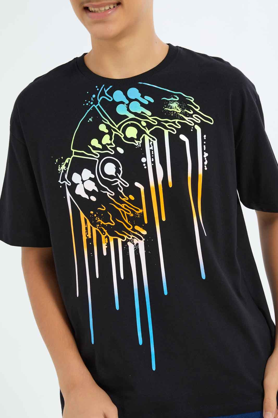 Redtag-Boys-Black-Oversize-Gaming-With-Gel-Tee-BSR-T-Shirts,-Category:T-Shirts,-Colour:Black,-Deals:New-In,-Filter:Senior-Boys-(8-to-14-Yrs),-New-In-BSR-APL,-Non-Sale,-S23B,-Section:Boys-(0-to-14Yrs)-Senior-Boys-9 to 14 Years