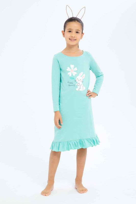 Redtag-Girls-Mint-Bunny-Print-Night-Shirt-Category:Nightshirts,-Colour:Green,-Deals:New-In,-Dept:Girls,-Filter:Girls-(2-to-8-Yrs),-GIR-Nightshirts,-New-In-GIR-APL,-Non-Sale,-S23A,-Section:Girls-(0-to-14Yrs)-Girls-2 to 8 Years