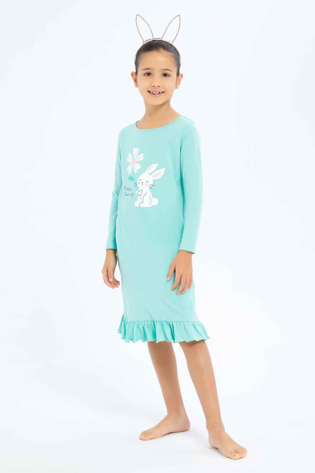 Redtag-Girls-Mint-Bunny-Print-Night-Shirt-Category:Nightshirts,-Colour:Green,-Deals:New-In,-Dept:Girls,-Filter:Girls-(2-to-8-Yrs),-GIR-Nightshirts,-New-In-GIR-APL,-Non-Sale,-S23A,-Section:Girls-(0-to-14Yrs)-Girls-2 to 8 Years