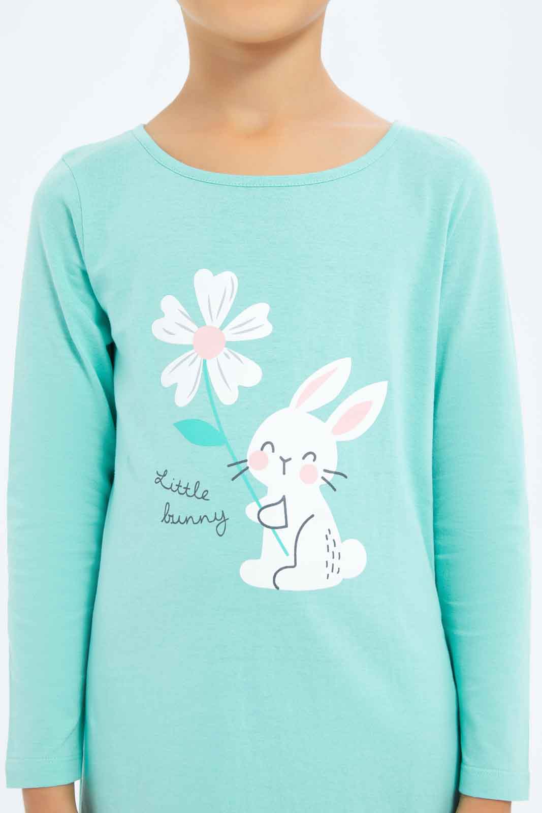Redtag-Girls-Mint-Bunny-Print-Night-Shirt-Category:Nightshirts,-Colour:Green,-Deals:New-In,-Dept:Girls,-Filter:Girls-(2-to-8-Yrs),-GIR-Nightshirts,-New-In-GIR-APL,-Non-Sale,-S23A,-Section:Girls-(0-to-14Yrs)-Girls-2 to 8 Years
