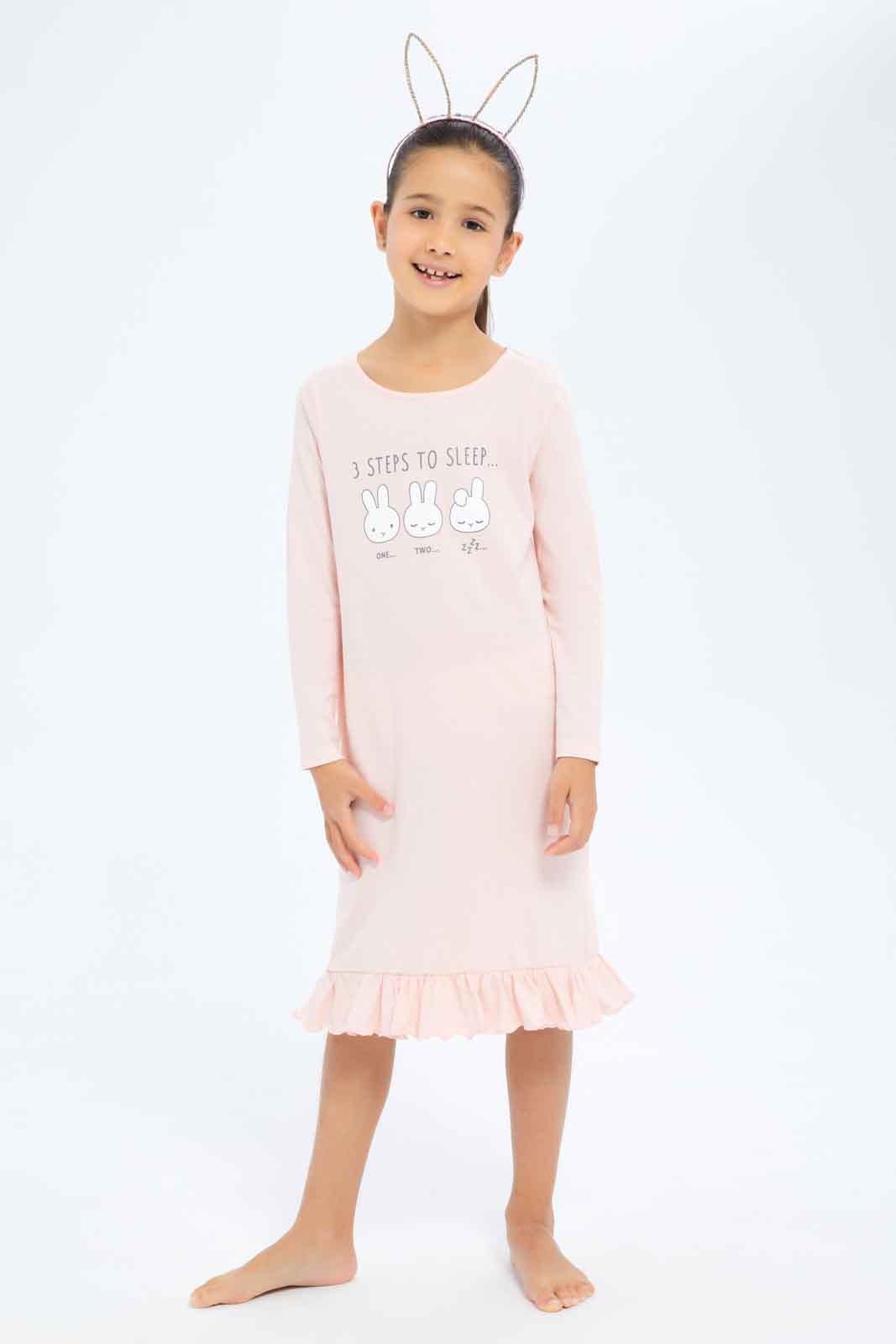 Redtag-Girls-Pink-Bunny-Print-Night-Shirt-Category:Nightshirts,-Colour:Apricot,-Deals:New-In,-Dept:Girls,-Filter:Girls-(2-to-8-Yrs),-GIR-Nightshirts,-New-In-GIR-APL,-Non-Sale,-S23A,-Section:Girls-(0-to-14Yrs)-Girls-2 to 8 Years