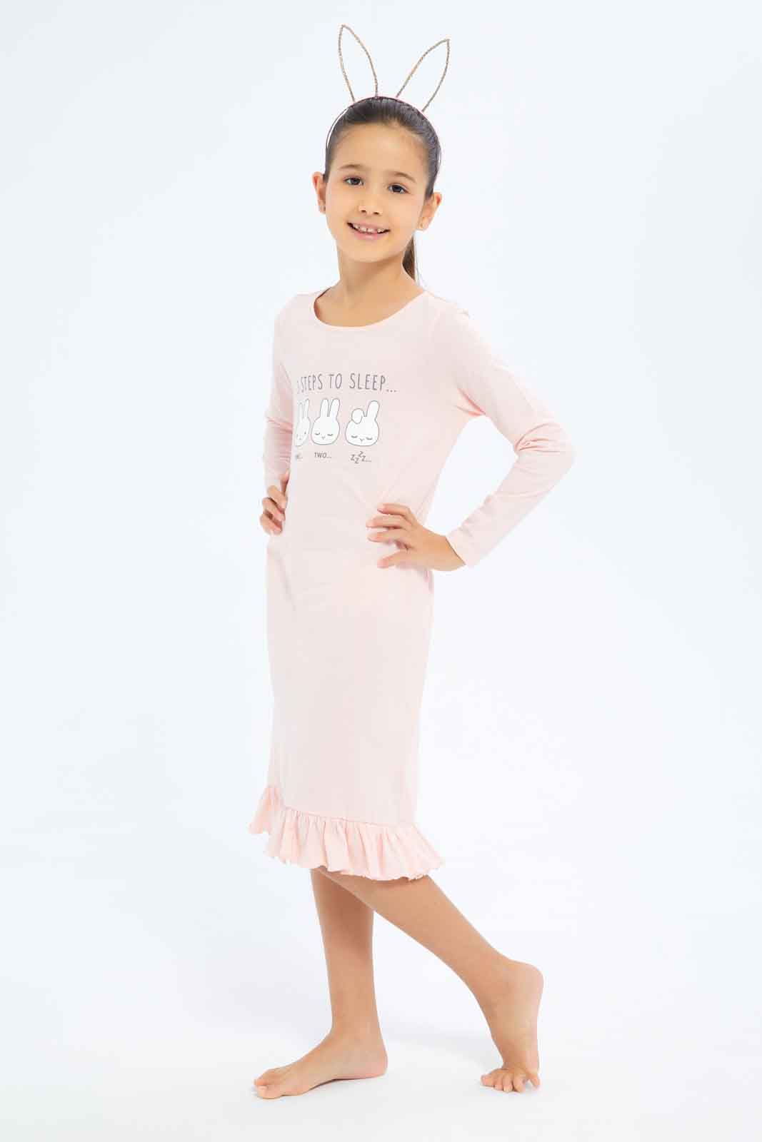Redtag-Girls-Pink-Bunny-Print-Night-Shirt-Category:Nightshirts,-Colour:Apricot,-Deals:New-In,-Dept:Girls,-Filter:Girls-(2-to-8-Yrs),-GIR-Nightshirts,-New-In-GIR-APL,-Non-Sale,-S23A,-Section:Girls-(0-to-14Yrs)-Girls-2 to 8 Years