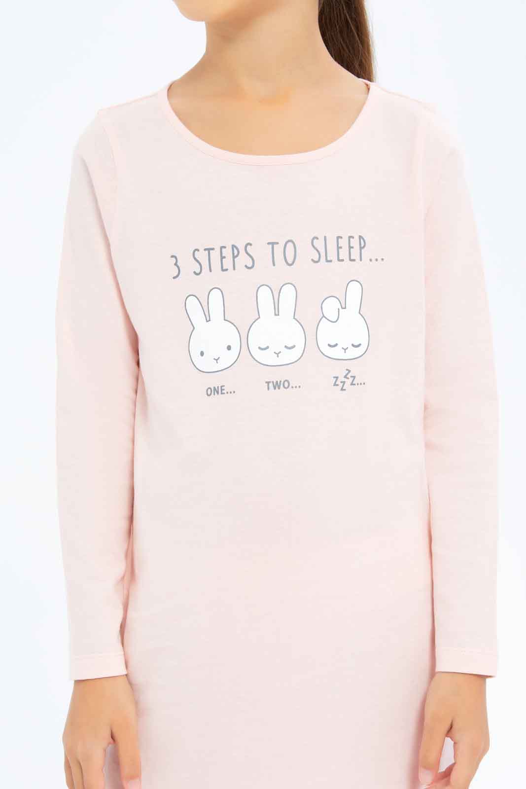 Redtag-Girls-Pink-Bunny-Print-Night-Shirt-Category:Nightshirts,-Colour:Apricot,-Deals:New-In,-Dept:Girls,-Filter:Girls-(2-to-8-Yrs),-GIR-Nightshirts,-New-In-GIR-APL,-Non-Sale,-S23A,-Section:Girls-(0-to-14Yrs)-Girls-2 to 8 Years