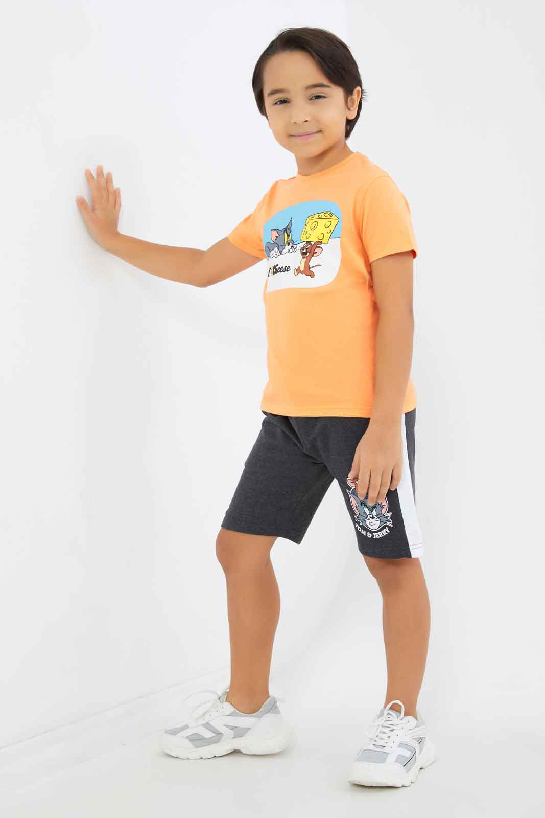 Redtag-Boys-Orange-Tom-And-Jerry-Character-Short-Sleeve-T-Shirt-BOY-T-Shirts,-Category:T-Shirts,-CHA,-Colour:Orange,-Deals:New-In,-Dept:Boys,-Filter:Boys-(2-to-8-Yrs),-New-In-BOY-APL,-Non-Sale,-S23B,-Section:Boys-(0-to-14Yrs),-TBL-Boys-2 to 8 Years