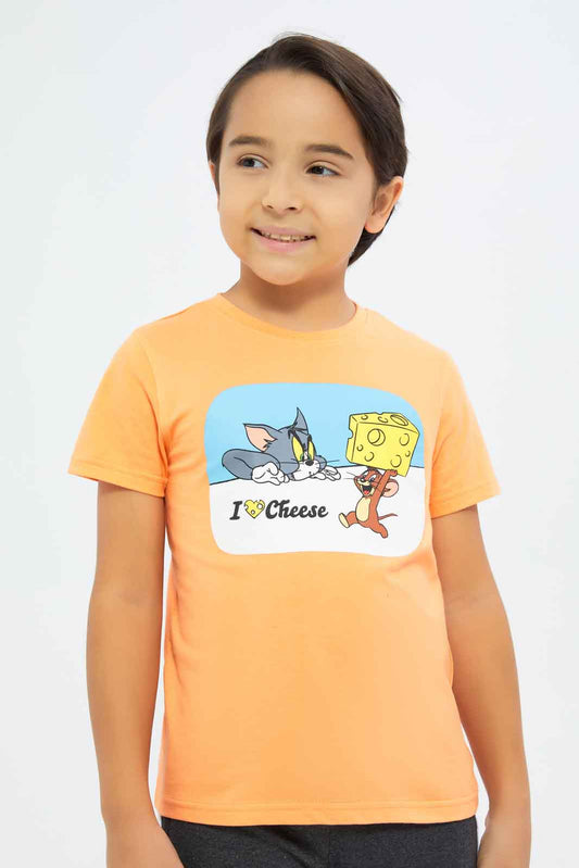 Redtag-Boys-Orange-Tom-And-Jerry-Character-Short-Sleeve-T-Shirt-BOY-T-Shirts,-Category:T-Shirts,-CHA,-Colour:Orange,-Deals:New-In,-Dept:Boys,-Filter:Boys-(2-to-8-Yrs),-New-In-BOY-APL,-Non-Sale,-S23B,-Section:Boys-(0-to-14Yrs),-TBL-Boys-2 to 8 Years