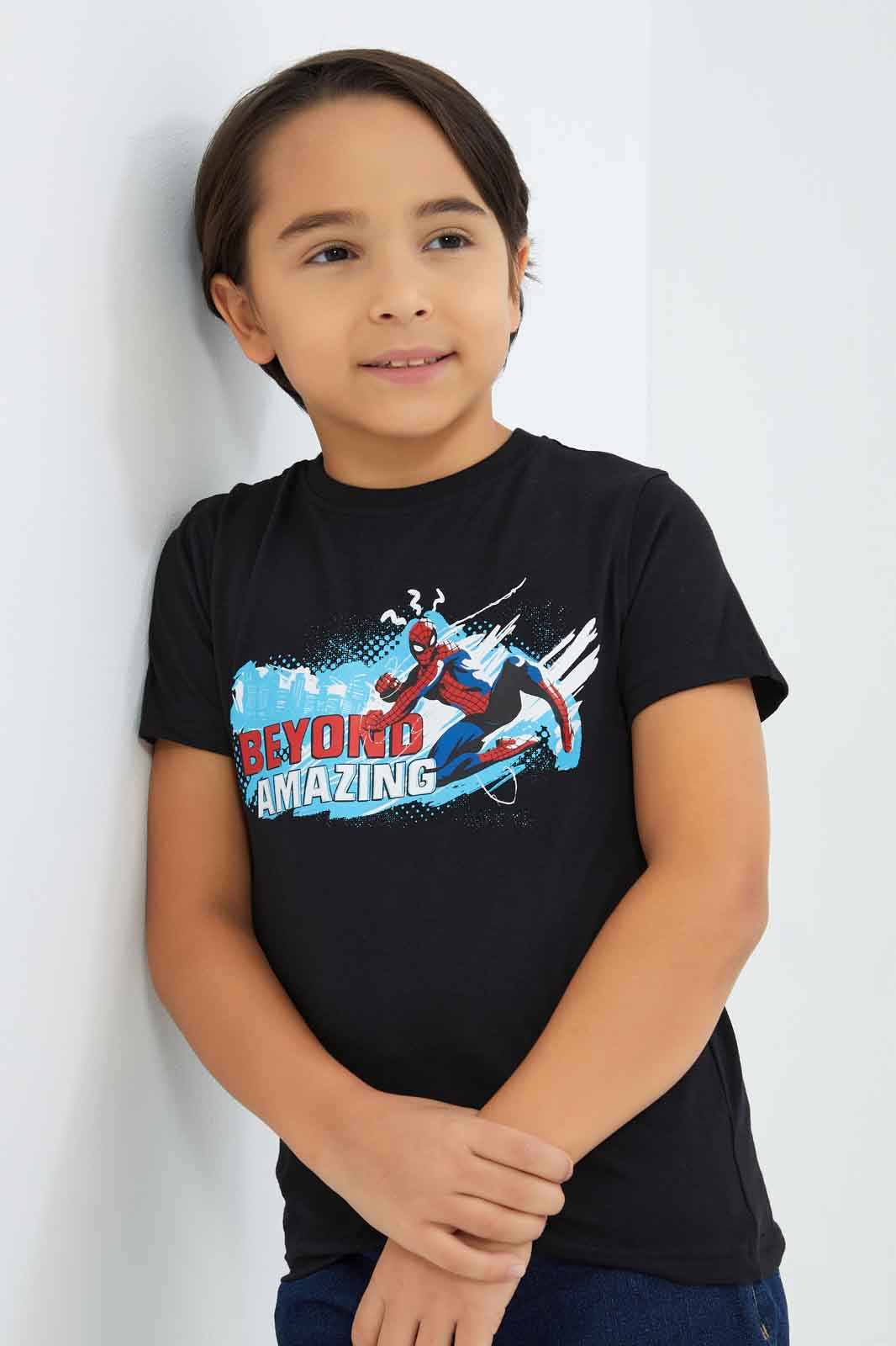 Redtag-Boys-Black-Spiderman-Character-Short-Sleeve-T-Shirt-BOY-T-Shirts,-Category:T-Shirts,-CHA,-Colour:Black,-Deals:New-In,-Dept:Boys,-Filter:Boys-(2-to-8-Yrs),-New-In-BOY-APL,-Non-Sale,-S23B,-Section:Boys-(0-to-14Yrs),-TBL-Boys-2 to 8 Years