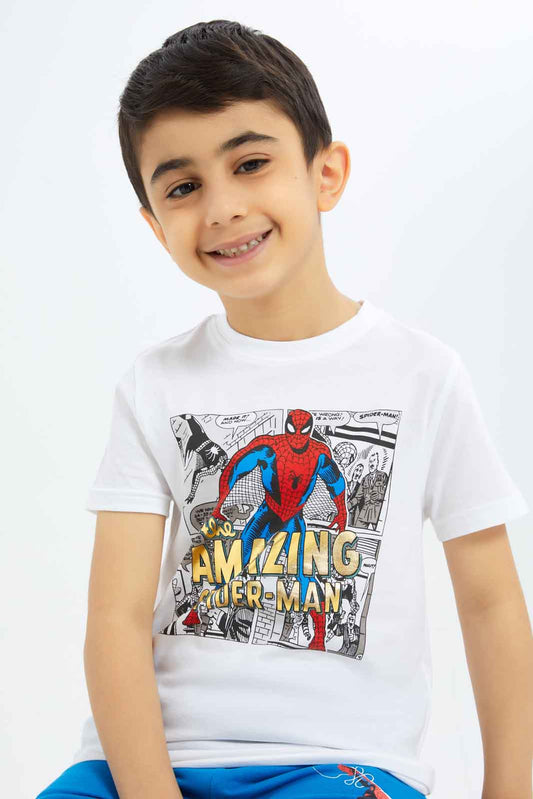 Redtag-Boys-White-Spiderman-Character-Short-Sleeve-T-Shirt-BOY-T-Shirts,-Category:T-Shirts,-CHA,-Colour:White,-Deals:New-In,-Dept:Boys,-Filter:Boys-(2-to-8-Yrs),-New-In-BOY-APL,-Non-Sale,-S23B,-Section:Boys-(0-to-14Yrs),-TBL-Boys-2 to 8 Years