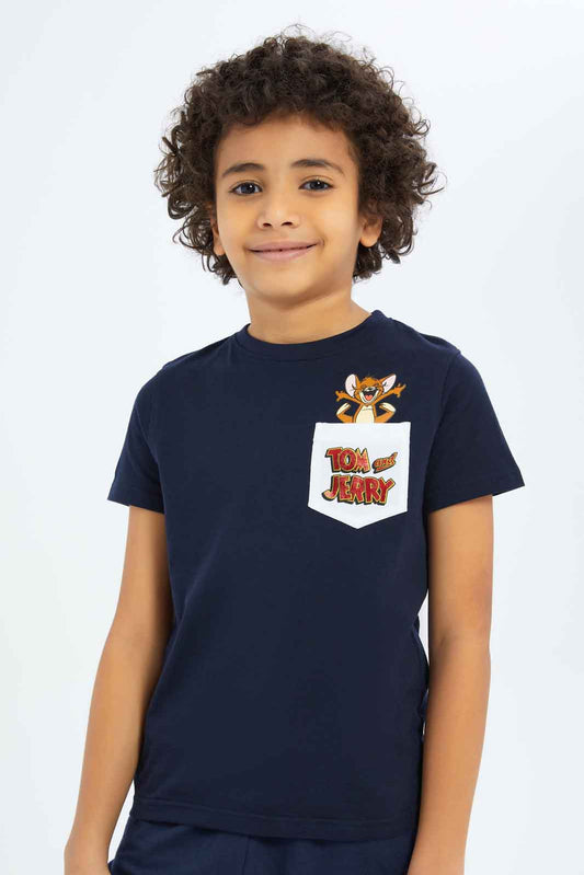 Redtag-Boys-Navy-Tom-And-Jerry-Character-Pocket-T-Shirt-BOY-T-Shirts,-Category:T-Shirts,-CHA,-Colour:Navy,-Deals:New-In,-Dept:Boys,-Filter:Boys-(2-to-8-Yrs),-New-In-BOY-APL,-Non-Sale,-S23B,-Section:Boys-(0-to-14Yrs),-TBL-Boys-2 to 8 Years