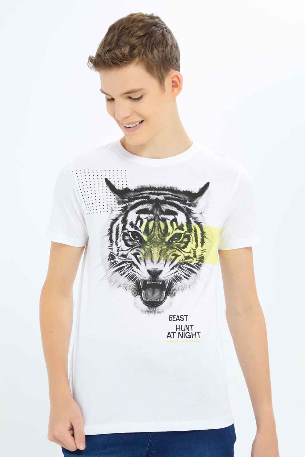 Redtag-Boys-White-Tiger-Face-Tee-BSR-T-Shirts,-Category:T-Shirts,-Colour:White,-Deals:New-In,-Dept:Boys,-Filter:Senior-Boys-(8-to-14-Yrs),-New-In-BSR-APL,-Non-Sale,-S23B,-Section:Boys-(0-to-14Yrs)-Senior-Boys-9 to 14 Years