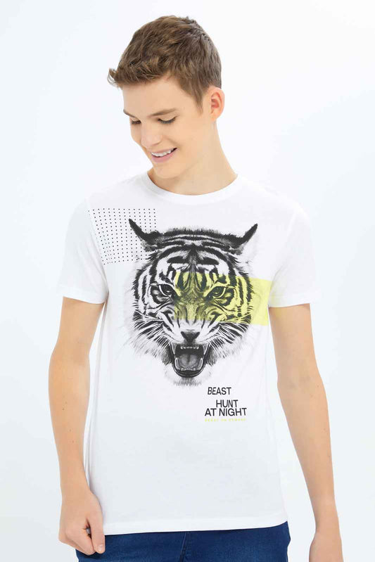 Redtag-Boys-White-Tiger-Face-Tee-BSR-T-Shirts,-Category:T-Shirts,-Colour:White,-Deals:New-In,-Dept:Boys,-Filter:Senior-Boys-(8-to-14-Yrs),-New-In-BSR-APL,-Non-Sale,-S23B,-Section:Boys-(0-to-14Yrs)-Senior-Boys-9 to 14 Years