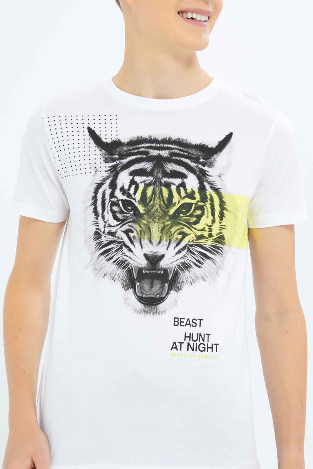 Redtag-Boys-White-Tiger-Face-Tee-BSR-T-Shirts,-Category:T-Shirts,-Colour:White,-Deals:New-In,-Dept:Boys,-Filter:Senior-Boys-(8-to-14-Yrs),-New-In-BSR-APL,-Non-Sale,-S23B,-Section:Boys-(0-to-14Yrs)-Senior-Boys-9 to 14 Years