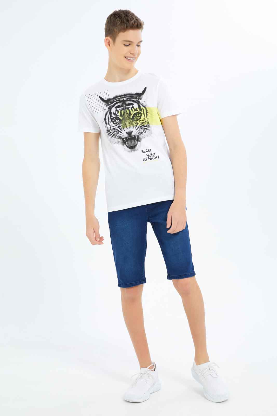 Redtag-Boys-White-Tiger-Face-Tee-BSR-T-Shirts,-Category:T-Shirts,-Colour:White,-Deals:New-In,-Dept:Boys,-Filter:Senior-Boys-(8-to-14-Yrs),-New-In-BSR-APL,-Non-Sale,-S23B,-Section:Boys-(0-to-14Yrs)-Senior-Boys-9 to 14 Years