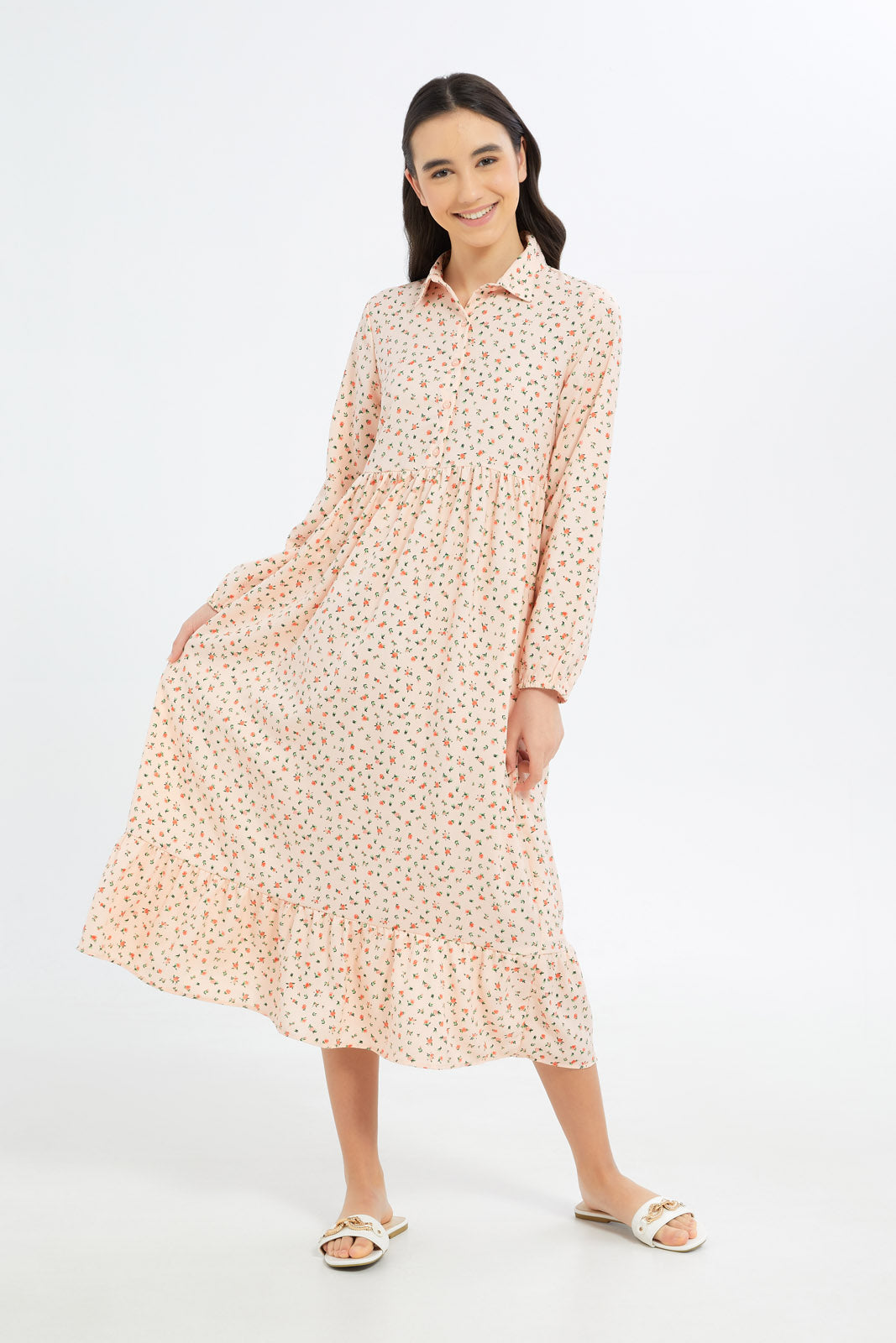 Redtag-Girls-Peach-Floral-Longer-Line-Shirt-Dress-Category:Dresses,-Colour:Apricot,-Deals:New-In,-Dept:Girls,-Filter:Senior-Girls-(8-to-14-Yrs),-GSR-Dresses,-H1:KWR,-H2:GSR,-H3:DRS,-H4:CAD,-New-In-GSR-APL,-Non-Sale,-S23B,-Season:S23B,-Section:Girls-(0-to-14Yrs)-Senior-Girls-9 to 14 Years