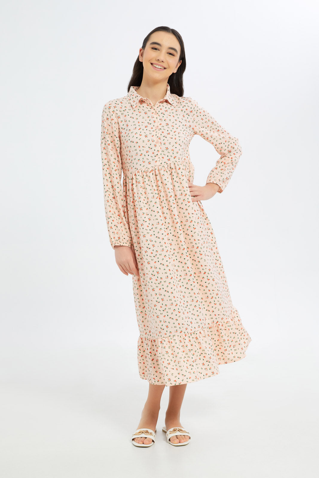 Redtag-Girls-Peach-Floral-Longer-Line-Shirt-Dress-Category:Dresses,-Colour:Apricot,-Deals:New-In,-Dept:Girls,-Filter:Senior-Girls-(8-to-14-Yrs),-GSR-Dresses,-H1:KWR,-H2:GSR,-H3:DRS,-H4:CAD,-New-In-GSR-APL,-Non-Sale,-S23B,-Season:S23B,-Section:Girls-(0-to-14Yrs)-Senior-Girls-9 to 14 Years