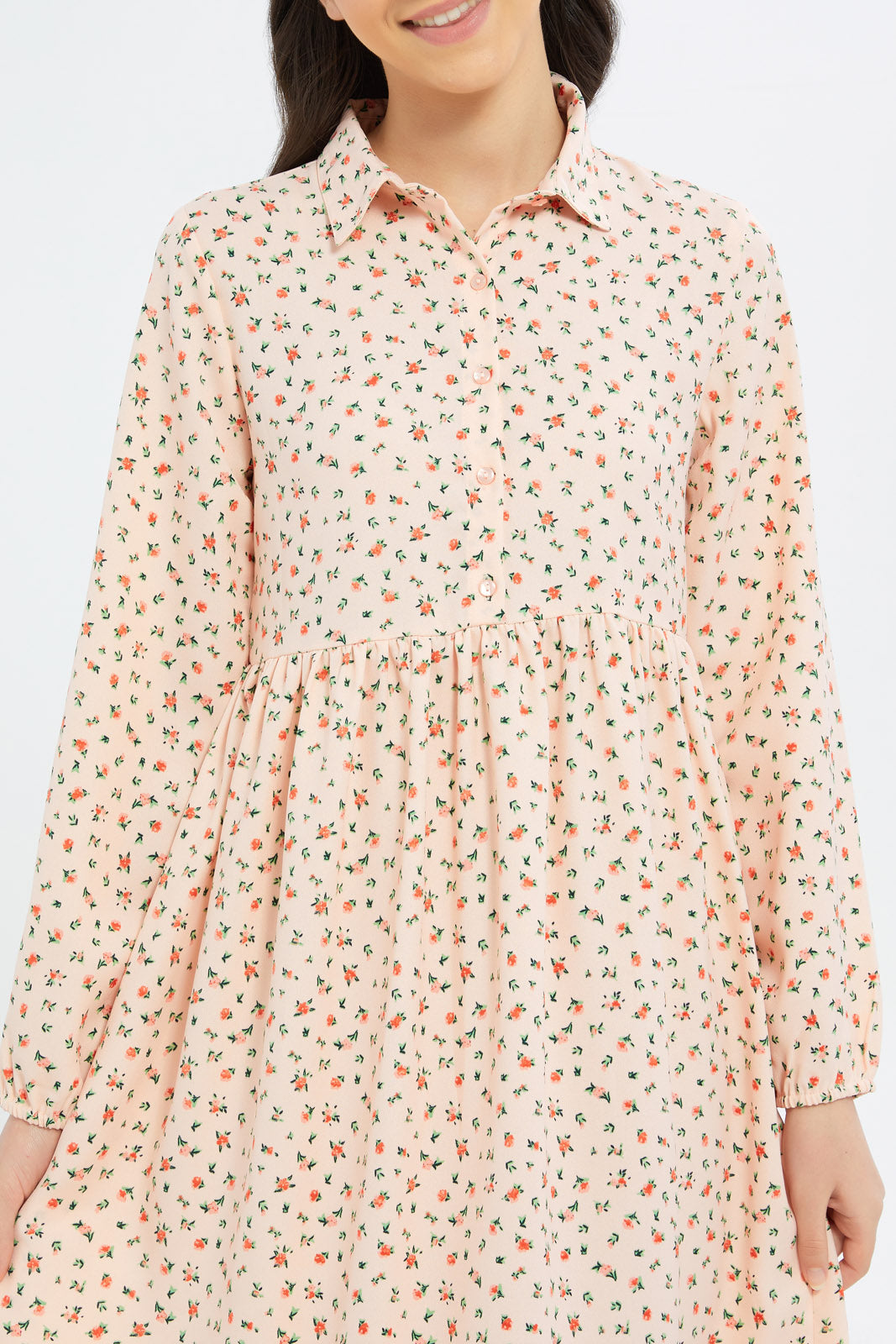 Redtag-Girls-Peach-Floral-Longer-Line-Shirt-Dress-Category:Dresses,-Colour:Apricot,-Deals:New-In,-Dept:Girls,-Filter:Senior-Girls-(8-to-14-Yrs),-GSR-Dresses,-H1:KWR,-H2:GSR,-H3:DRS,-H4:CAD,-New-In-GSR-APL,-Non-Sale,-S23B,-Season:S23B,-Section:Girls-(0-to-14Yrs)-Senior-Girls-9 to 14 Years