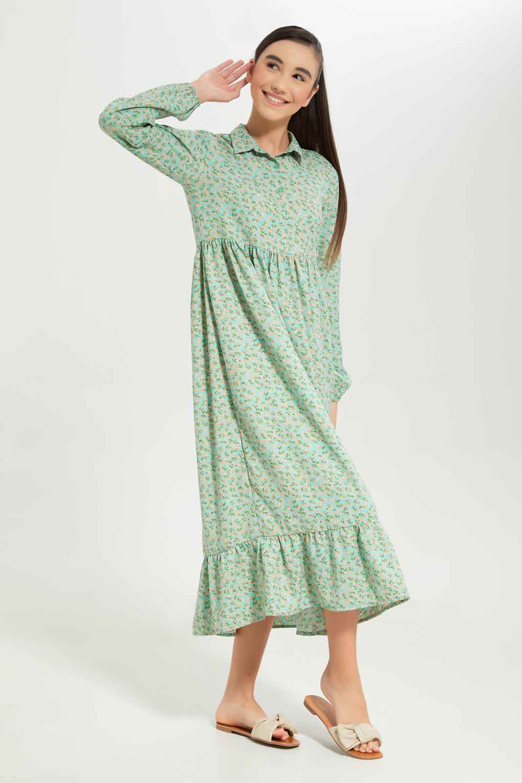 Redtag-Girls-Green-Floral-Longer-Line-Shirt-Dress-Category:Dresses,-Colour:Green,-Deals:New-In,-Dept:Girls,-Filter:Senior-Girls-(8-to-14-Yrs),-GSR-Dresses,-New-In-GSR-APL,-Non-Sale,-S23B,-Section:Girls-(0-to-14Yrs)-Senior-Girls-9 to 14 Years