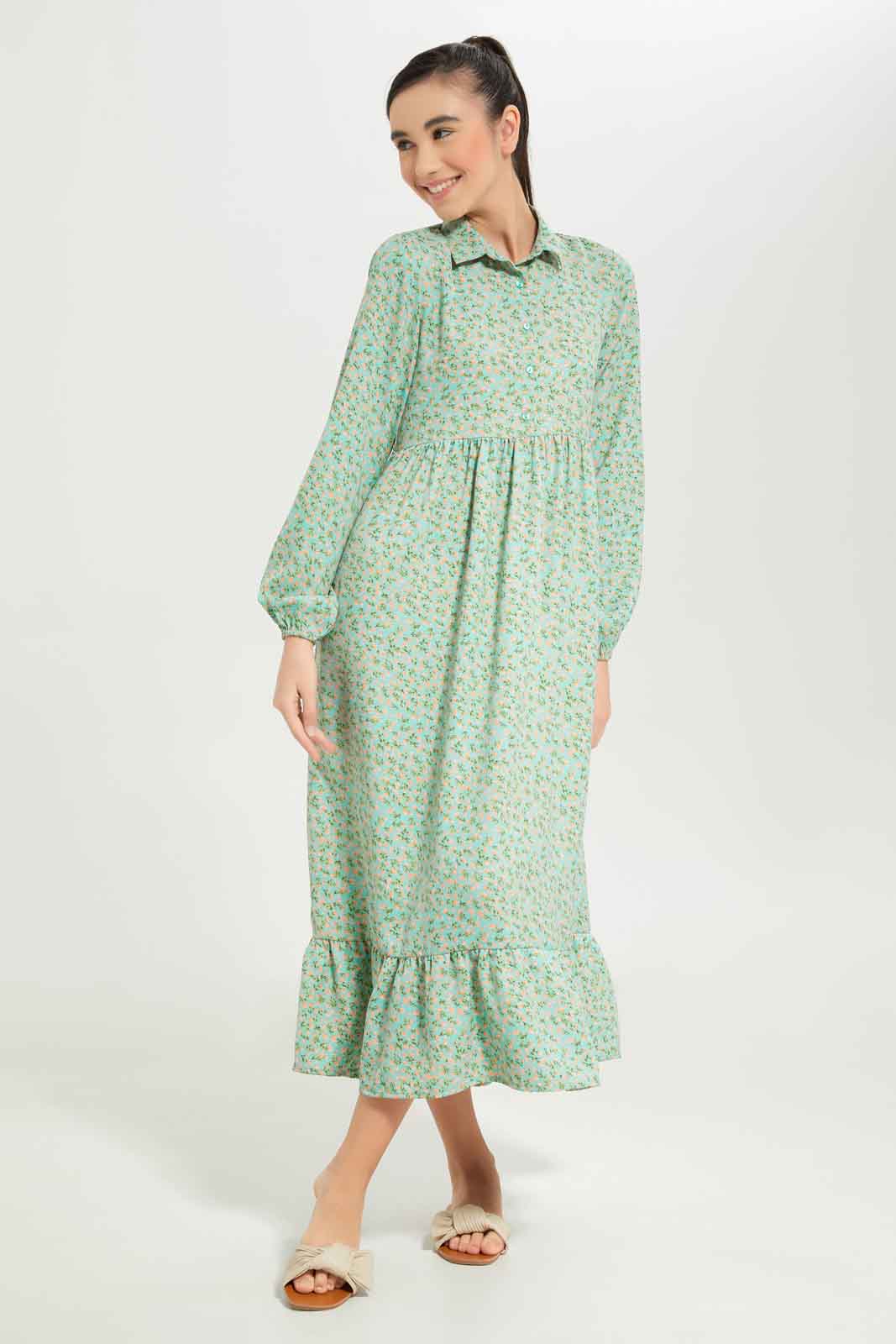 Redtag-Girls-Green-Floral-Longer-Line-Shirt-Dress-Category:Dresses,-Colour:Green,-Deals:New-In,-Dept:Girls,-Filter:Senior-Girls-(8-to-14-Yrs),-GSR-Dresses,-New-In-GSR-APL,-Non-Sale,-S23B,-Section:Girls-(0-to-14Yrs)-Senior-Girls-9 to 14 Years