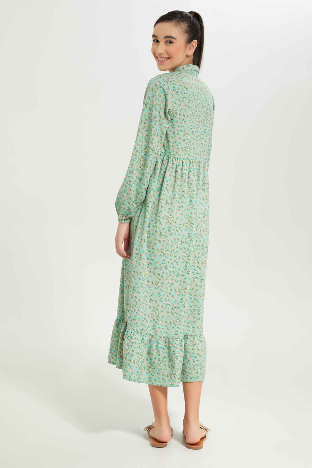 Redtag-Girls-Green-Floral-Longer-Line-Shirt-Dress-Category:Dresses,-Colour:Green,-Deals:New-In,-Dept:Girls,-Filter:Senior-Girls-(8-to-14-Yrs),-GSR-Dresses,-New-In-GSR-APL,-Non-Sale,-S23B,-Section:Girls-(0-to-14Yrs)-Senior-Girls-9 to 14 Years