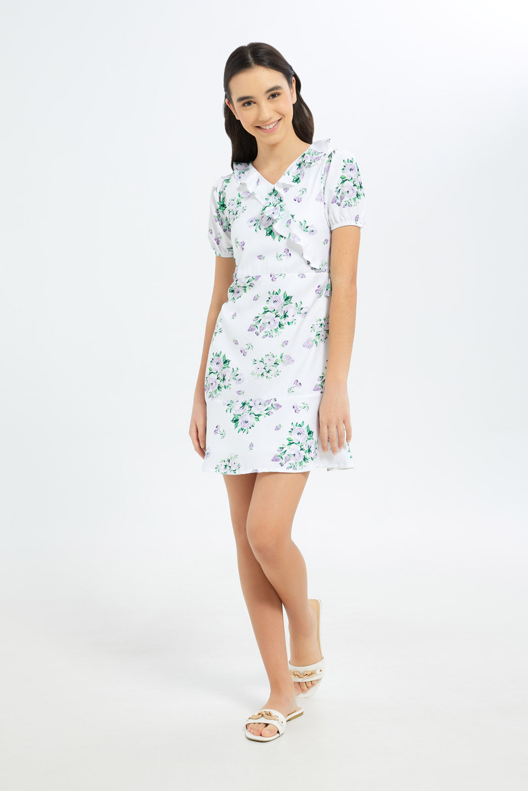 Redtag-Girls-White/Purple-Floral-Print-Dress-Category:Dresses,-Colour:White,-Deals:New-In,-Dept:Girls,-Filter:Senior-Girls-(8-to-14-Yrs),-GSR-Dresses,-H1:KWR,-H2:GSR,-H3:DRS,-H4:CAD,-New-In-GSR-APL,-Non-Sale,-S23B,-Season:S23B,-Section:Girls-(0-to-14Yrs)-Senior-Girls-9 to 14 Years