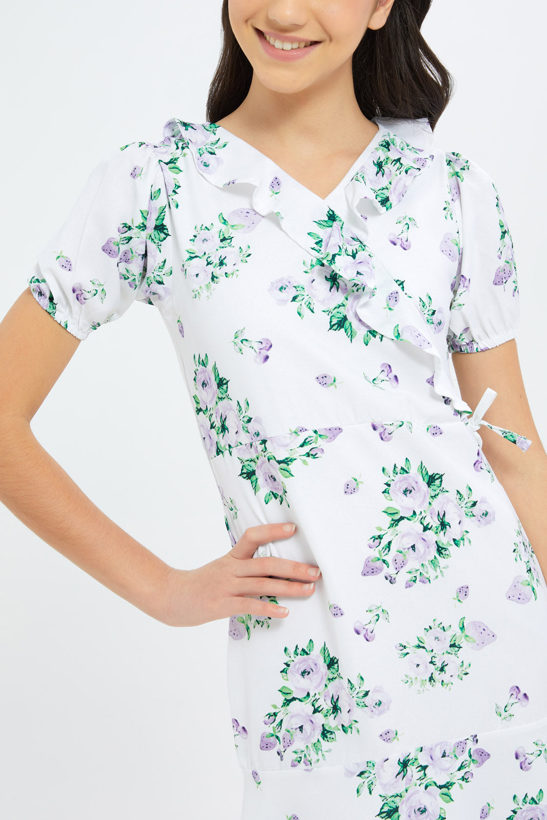 Redtag-Girls-White/Purple-Floral-Print-Dress-Category:Dresses,-Colour:White,-Deals:New-In,-Dept:Girls,-Filter:Senior-Girls-(8-to-14-Yrs),-GSR-Dresses,-H1:KWR,-H2:GSR,-H3:DRS,-H4:CAD,-New-In-GSR-APL,-Non-Sale,-S23B,-Season:S23B,-Section:Girls-(0-to-14Yrs)-Senior-Girls-9 to 14 Years