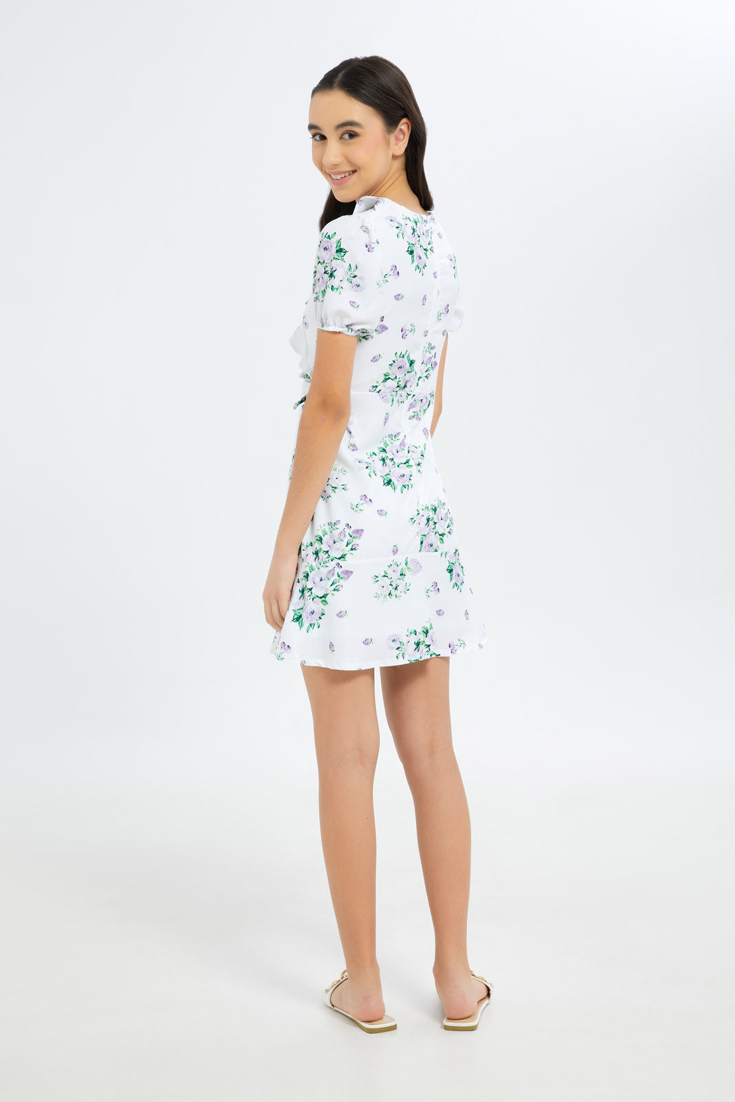 Redtag-Girls-White/Purple-Floral-Print-Dress-Category:Dresses,-Colour:White,-Deals:New-In,-Dept:Girls,-Filter:Senior-Girls-(8-to-14-Yrs),-GSR-Dresses,-H1:KWR,-H2:GSR,-H3:DRS,-H4:CAD,-New-In-GSR-APL,-Non-Sale,-S23B,-Season:S23B,-Section:Girls-(0-to-14Yrs)-Senior-Girls-9 to 14 Years