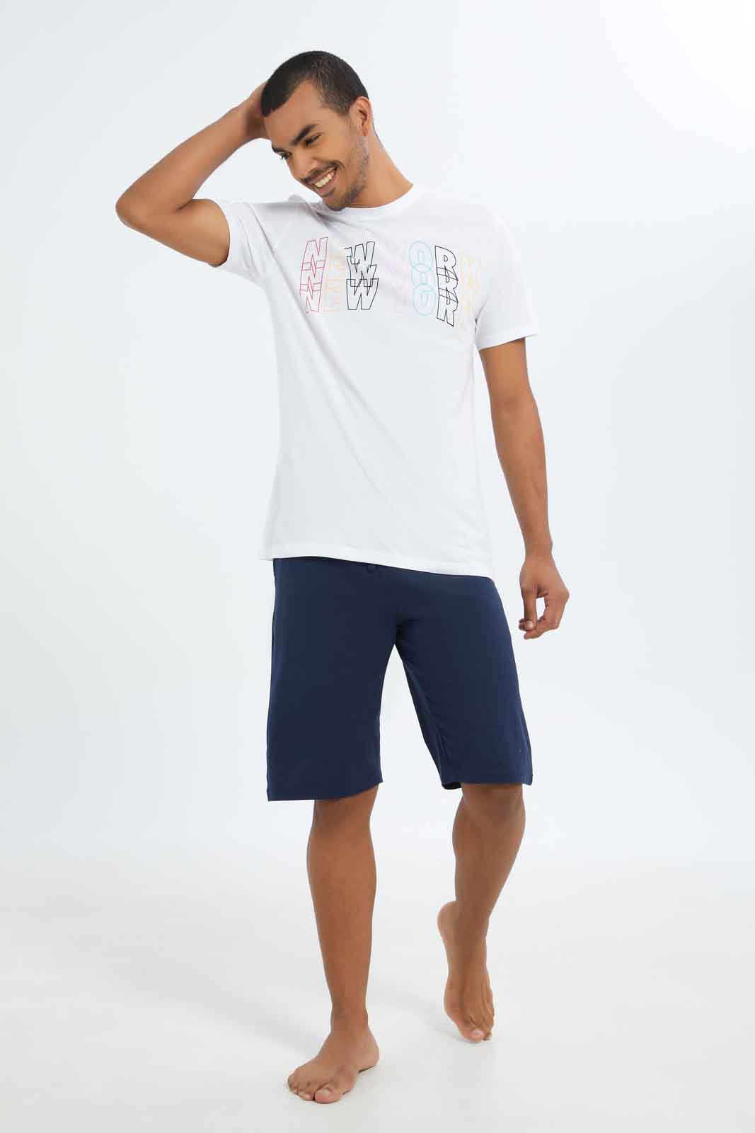 Redtag-Men-White-T-Shirt-&-Navy-Shorts-Pyjama-Set-Category:Pyjama-Sets,-Colour:White,-Deals:New-In,-Dept:Menswear,-Filter:Men's-Clothing,-Men-Pyjama-Sets,-New-In-Men-APL,-Non-Sale,-S23B,-Section:Men-Men's-