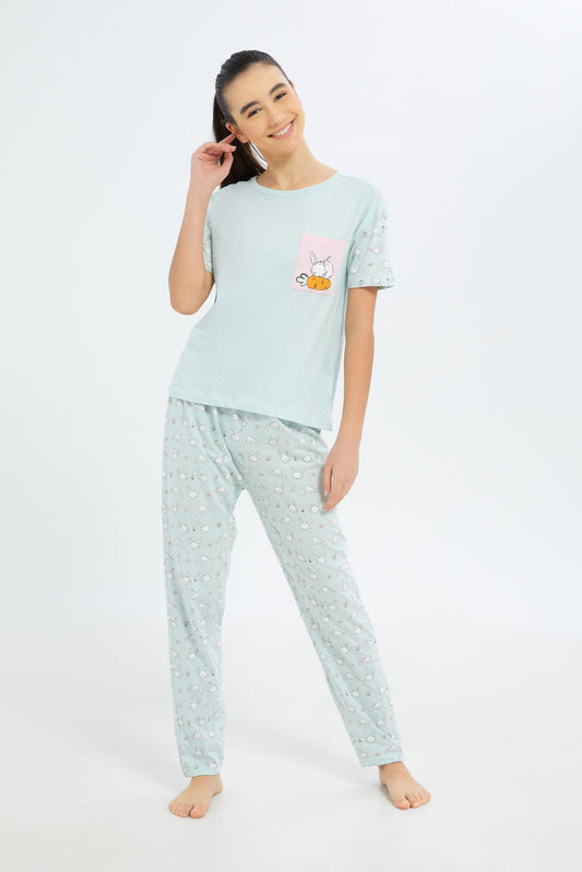 Redtag-Girls-Sage-Bunny-Pajama-Sets-Category:Pyjama-Sets,-Colour:Assorted,-Deals:2-FOR-79,-Deals:New-In,-Dept:Girls,-Filter:Senior-Girls-(8-to-14-Yrs),-GSR-Pyjama-Sets,-H1:KWR,-H2:GSR,-H3:NWR,-H4:PJS,-New-In-GSR-APL,-Non-Sale,-S23B,-Season:S23B,-Section:Girls-(0-to-14Yrs)-Senior-Girls-9 to 14 Years