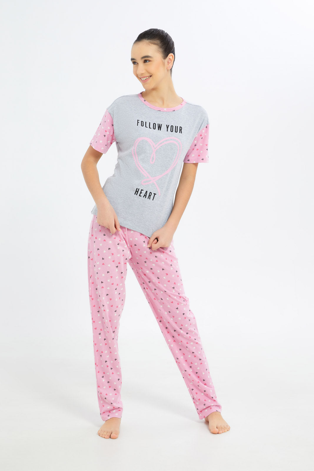 Redtag-Girls-Grey-Melange-Heart-Pajama-Sets-Category:Pyjama-Sets,-Colour:Assorted,-Deals:2-FOR-79,-Deals:New-In,-Dept:Girls,-Filter:Senior-Girls-(8-to-14-Yrs),-GSR-Pyjama-Sets,-H1:KWR,-H2:GSR,-H3:NWR,-H4:PJS,-New-In-GSR-APL,-Non-Sale,-S23B,-Season:S23B,-Section:Girls-(0-to-14Yrs)-Senior-Girls-9 to 14 Years