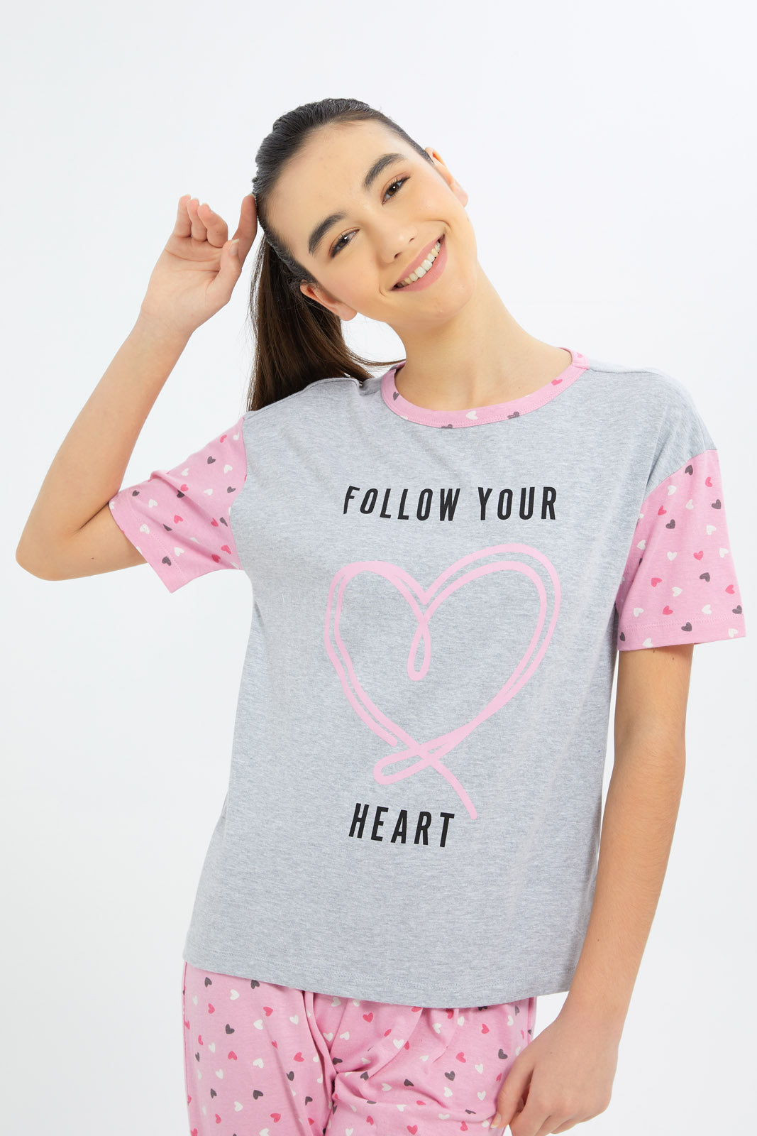 Redtag-Girls-Grey-Melange-Heart-Pajama-Sets-Category:Pyjama-Sets,-Colour:Assorted,-Deals:2-FOR-79,-Deals:New-In,-Dept:Girls,-Filter:Senior-Girls-(8-to-14-Yrs),-GSR-Pyjama-Sets,-H1:KWR,-H2:GSR,-H3:NWR,-H4:PJS,-New-In-GSR-APL,-Non-Sale,-S23B,-Season:S23B,-Section:Girls-(0-to-14Yrs)-Senior-Girls-9 to 14 Years