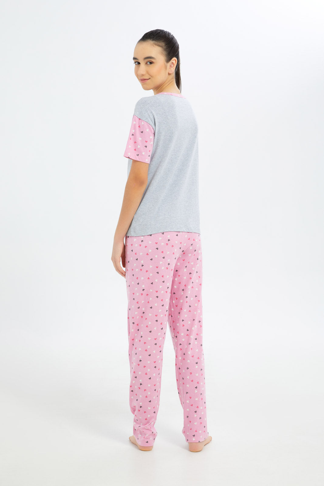 Redtag-Girls-Grey-Melange-Heart-Pajama-Sets-Category:Pyjama-Sets,-Colour:Assorted,-Deals:2-FOR-79,-Deals:New-In,-Dept:Girls,-Filter:Senior-Girls-(8-to-14-Yrs),-GSR-Pyjama-Sets,-H1:KWR,-H2:GSR,-H3:NWR,-H4:PJS,-New-In-GSR-APL,-Non-Sale,-S23B,-Season:S23B,-Section:Girls-(0-to-14Yrs)-Senior-Girls-9 to 14 Years