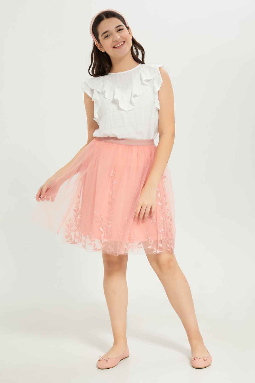 Redtag-Girls-Pink-Pleated-Tulle-Skirt-With-Embroidred-Category:Skirts,-Colour:Apricot,-Deals:New-In,-Dept:Girls,-Filter:Senior-Girls-(8-to-14-Yrs),-GSR-Skirts,-New-In-GSR-APL,-Non-Sale,-S23B,-Section:Girls-(0-to-14Yrs)-Senior-Girls-9 to 14 Years