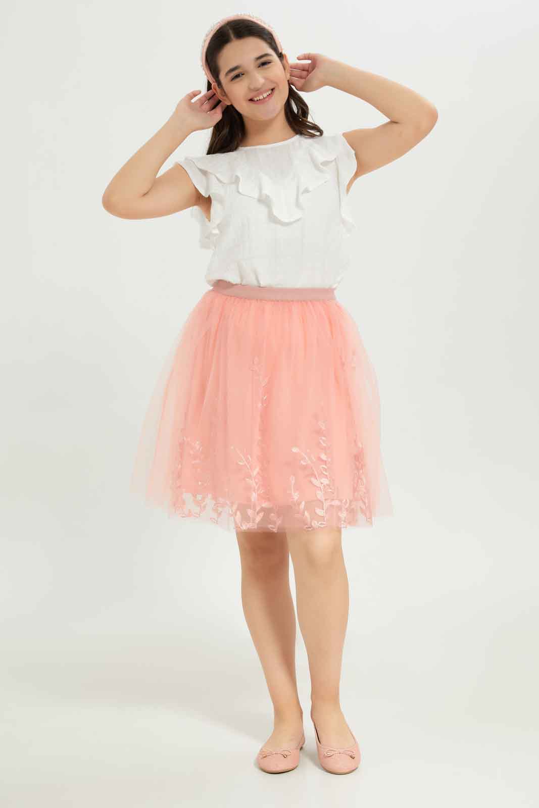 Redtag-Girls-Pink-Pleated-Tulle-Skirt-With-Embroidred-Category:Skirts,-Colour:Apricot,-Deals:New-In,-Dept:Girls,-Filter:Senior-Girls-(8-to-14-Yrs),-GSR-Skirts,-New-In-GSR-APL,-Non-Sale,-S23B,-Section:Girls-(0-to-14Yrs)-Senior-Girls-9 to 14 Years