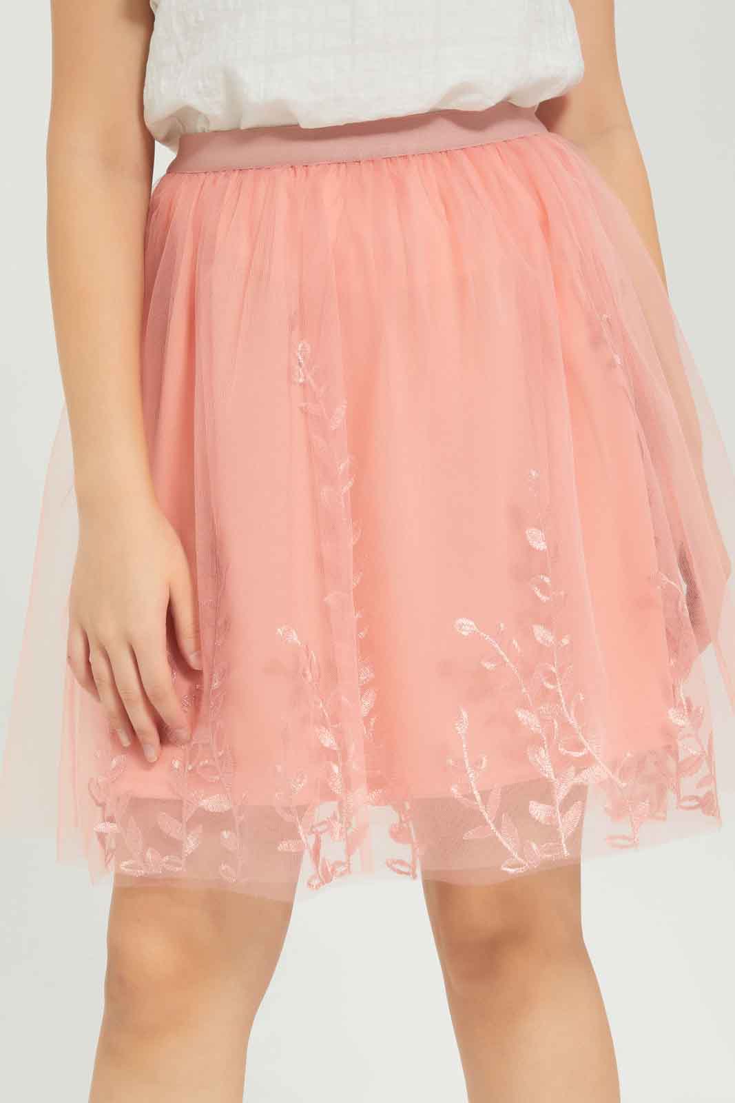 Redtag-Girls-Pink-Pleated-Tulle-Skirt-With-Embroidred-Category:Skirts,-Colour:Apricot,-Deals:New-In,-Dept:Girls,-Filter:Senior-Girls-(8-to-14-Yrs),-GSR-Skirts,-New-In-GSR-APL,-Non-Sale,-S23B,-Section:Girls-(0-to-14Yrs)-Senior-Girls-9 to 14 Years