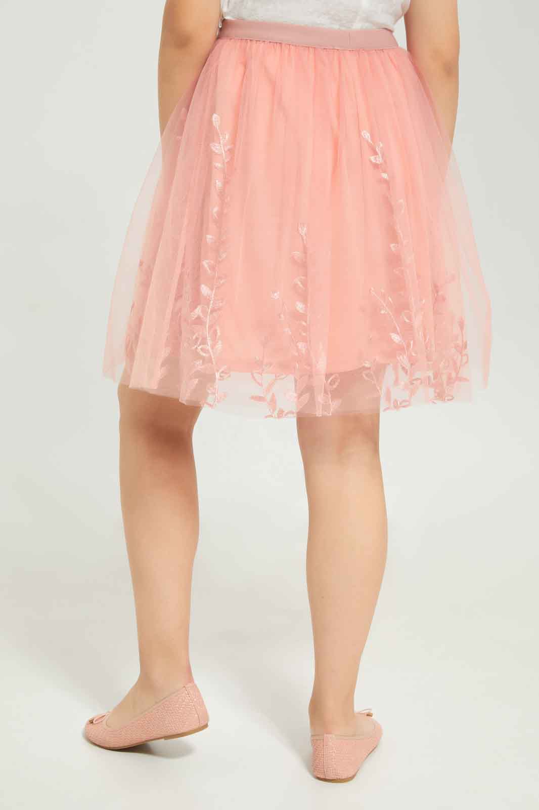 Redtag-Girls-Pink-Pleated-Tulle-Skirt-With-Embroidred-Category:Skirts,-Colour:Apricot,-Deals:New-In,-Dept:Girls,-Filter:Senior-Girls-(8-to-14-Yrs),-GSR-Skirts,-New-In-GSR-APL,-Non-Sale,-S23B,-Section:Girls-(0-to-14Yrs)-Senior-Girls-9 to 14 Years