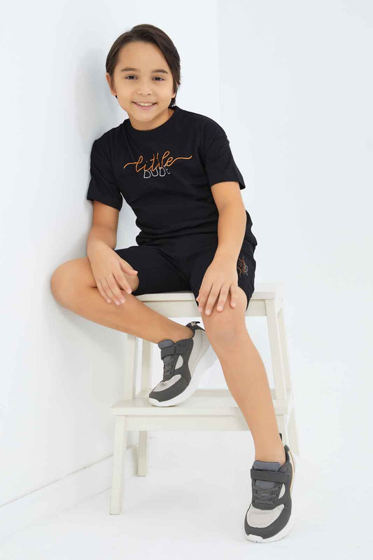 Redtag-Boys-Black-Over-Size-T-Shirt-And-Short-Set-BOY-Sets,-Category:Sets,-Colour:Black,-Deals:New-In,-Dept:Boys,-Filter:Boys-(2-to-8-Yrs),-New-In-BOY-APL,-Non-Sale,-S23B,-Section:Boys-(0-to-14Yrs)-Boys-2 to 8 Years