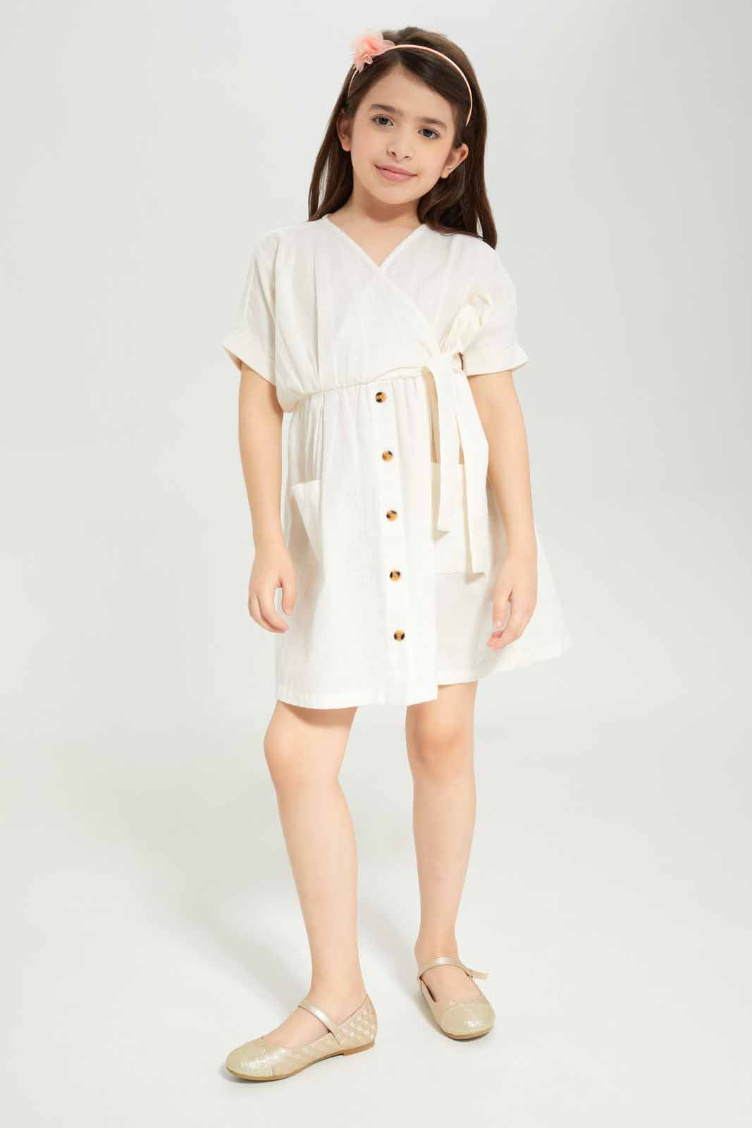Redtag-Girls-Wrap-Dress-Cream-Category:Dresses,-Colour:Cream,-Deals:New-In,-Dept:Girls,-Filter:Girls-(2-to-8-Yrs),-GIR-Dresses,-New-In-GIR-APL,-Non-Sale,-S23B,-Section:Girls-(0-to-14Yrs)-Girls-