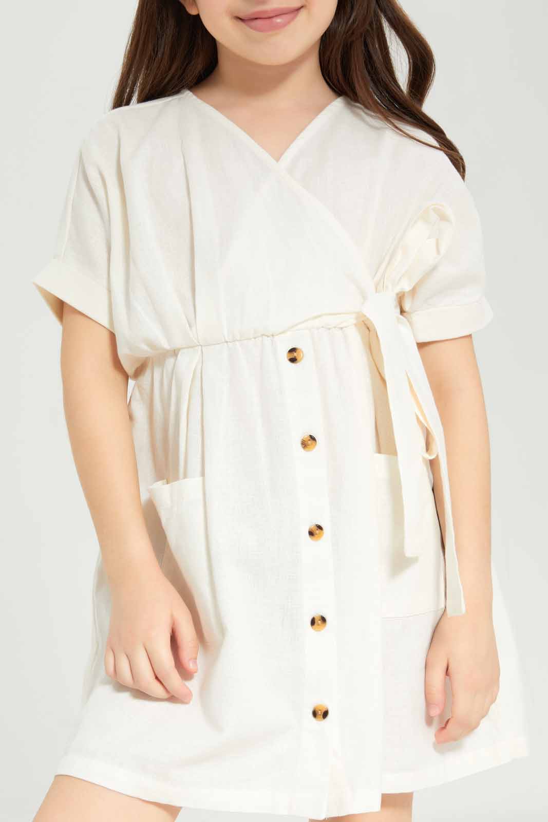 Redtag-Girls-Wrap-Dress-Cream-Category:Dresses,-Colour:Cream,-Deals:New-In,-Dept:Girls,-Filter:Girls-(2-to-8-Yrs),-GIR-Dresses,-New-In-GIR-APL,-Non-Sale,-S23B,-Section:Girls-(0-to-14Yrs)-Girls-