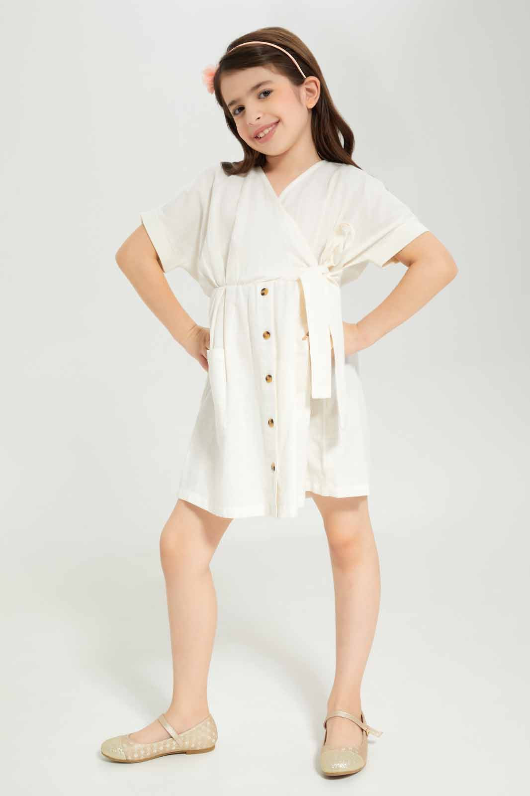 Redtag-Girls-Wrap-Dress-Cream-Category:Dresses,-Colour:Cream,-Deals:New-In,-Dept:Girls,-Filter:Girls-(2-to-8-Yrs),-GIR-Dresses,-New-In-GIR-APL,-Non-Sale,-S23B,-Section:Girls-(0-to-14Yrs)-Girls-