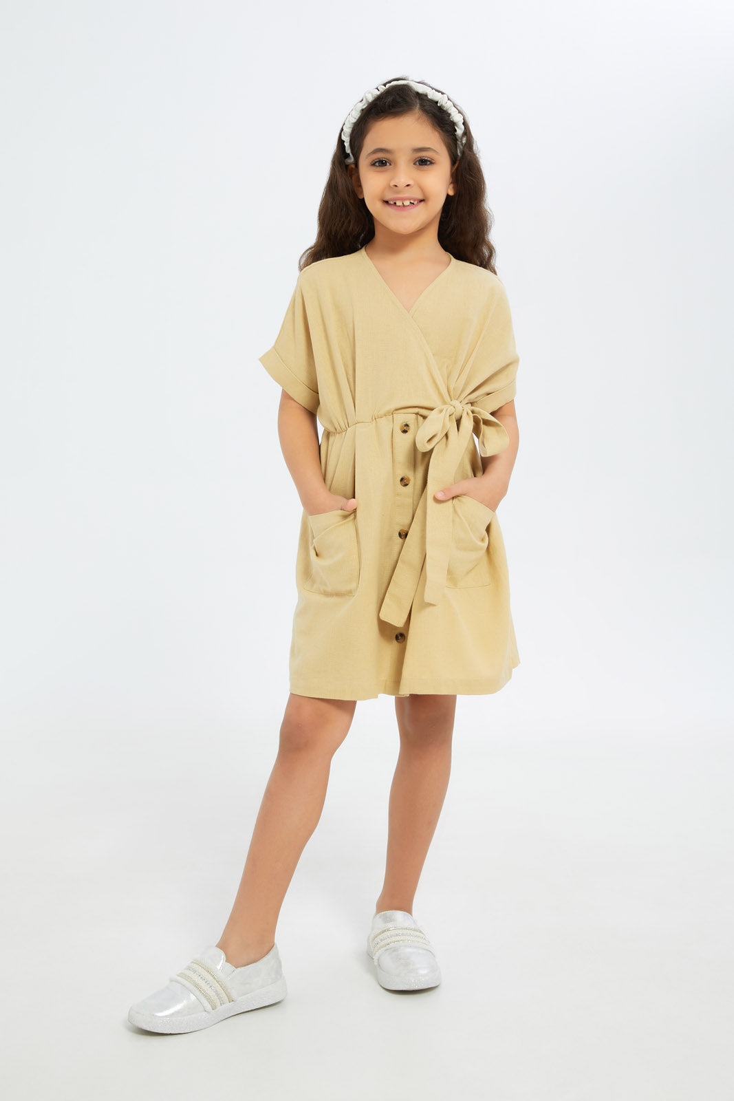 Redtag-Girls-Wrap-Dress-Stone-Category:Dresses,-Colour:Brown,-Deals:New-In,-Dept:Girls,-Filter:Girls-(2-to-8-Yrs),-GIR-Dresses,-H1:KWR,-H2:GIR,-H3:DRS,-H4:CAD,-New-In-GIR-APL,-Non-Sale,-S23B,-Season:S23B,-Section:Girls-(0-to-14Yrs)-Girls-2 to 8 Years