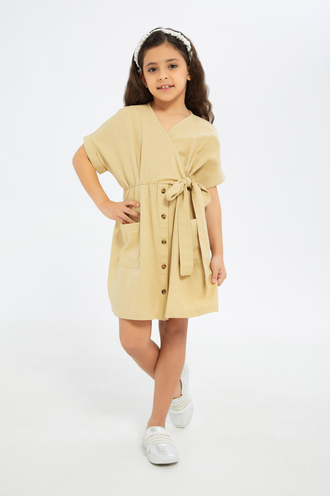 Redtag-Girls-Wrap-Dress-Stone-Category:Dresses,-Colour:Brown,-Deals:New-In,-Dept:Girls,-Filter:Girls-(2-to-8-Yrs),-GIR-Dresses,-H1:KWR,-H2:GIR,-H3:DRS,-H4:CAD,-New-In-GIR-APL,-Non-Sale,-S23B,-Season:S23B,-Section:Girls-(0-to-14Yrs)-Girls-2 to 8 Years