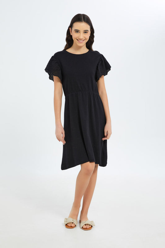 Redtag-Girls-Black-Basic-Knitted-Chiffly-Sleeve-Dress-Category:Dresses,-Colour:Black,-Deals:2-FOR-89,-Deals:New-In,-Dept:Girls,-Filter:Senior-Girls-(8-to-14-Yrs),-GSR-Dresses,-H1:KWR,-H2:GSR,-H3:DRS,-H4:CAD,-New-In-GSR-APL,-Non-Sale,-S23B,-Season:S23B,-Section:Girls-(0-to-14Yrs),-VLM-Senior-Girls-9 to 14 Years