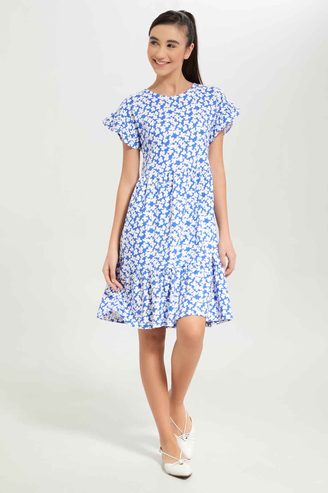 Redtag-Girls-Blue-Floral-Layered-Dress-Category:Dresses,-Colour:Blue,-Deals:New-In,-Dept:Girls,-Filter:Senior-Girls-(8-to-14-Yrs),-GSR-Dresses,-New-In-GSR-APL,-Non-Sale,-S23B,-Section:Girls-(0-to-14Yrs),-VLM-Senior-Girls-9 to 14 Years